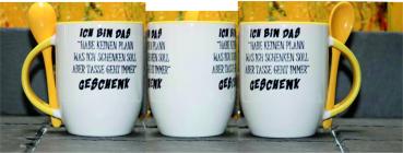 Weiße Tasse mit Spruch "ICH HABE KEINEN PLAN WAS ICH SCHENKEN SOLL"  TASSE